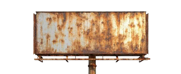A rusty billboard staked in the Martian dust